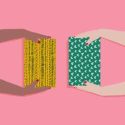 Women's hands present wrapped gifts to each other.