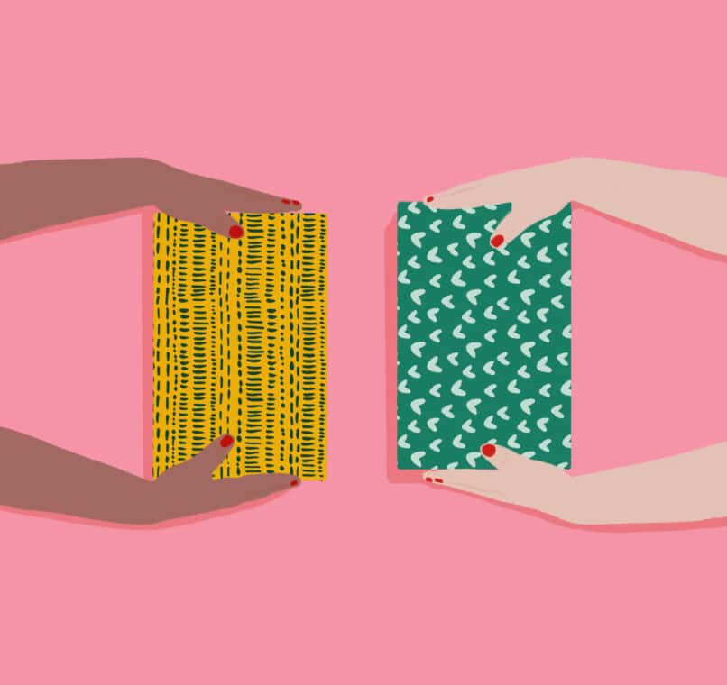 Women's hands present wrapped gifts to each other.