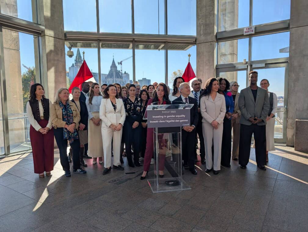 Group of people in suits around a podium that says "Investing in gender equality"