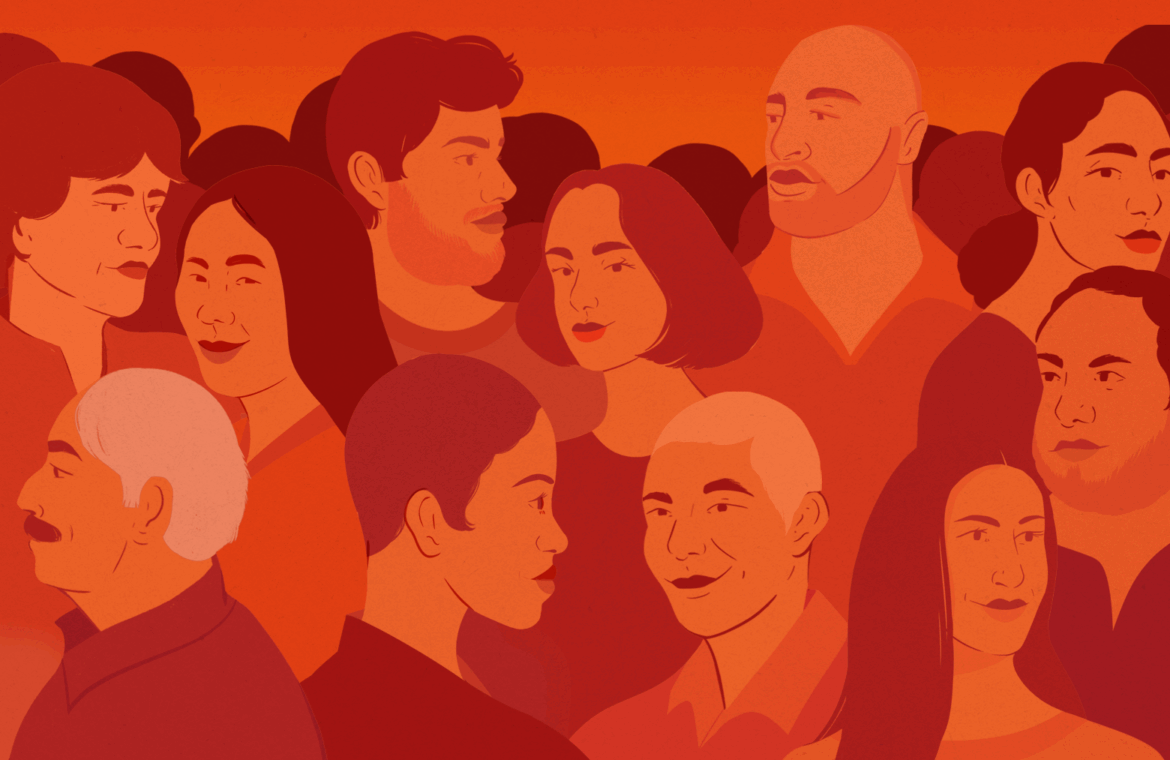 An illustration of many faces in a crowd.