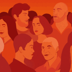 An illustration of many faces in a crowd.