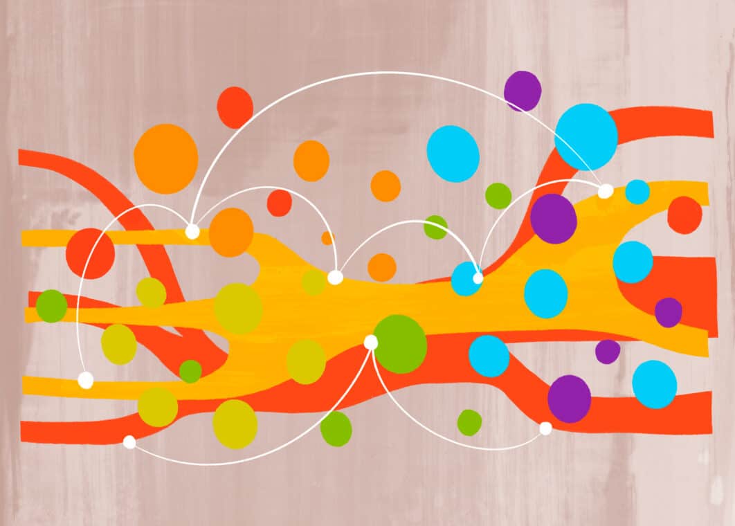 Dynamic arrangement of colorful circles and lines on a neutral background.
