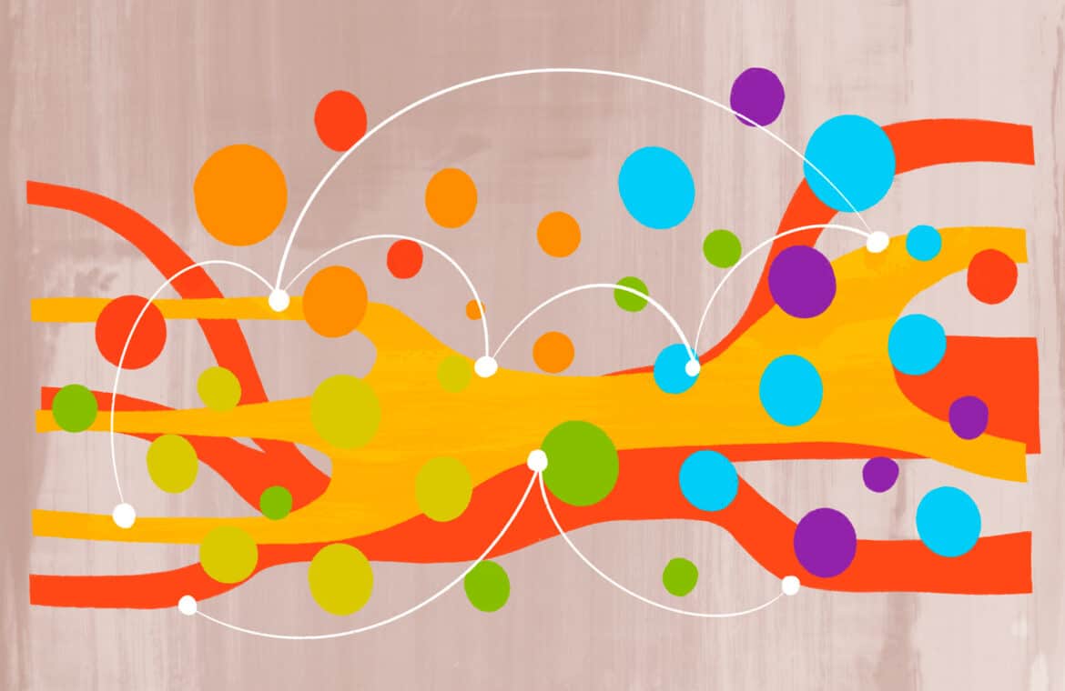 Dynamic arrangement of colorful circles and lines on a neutral background.