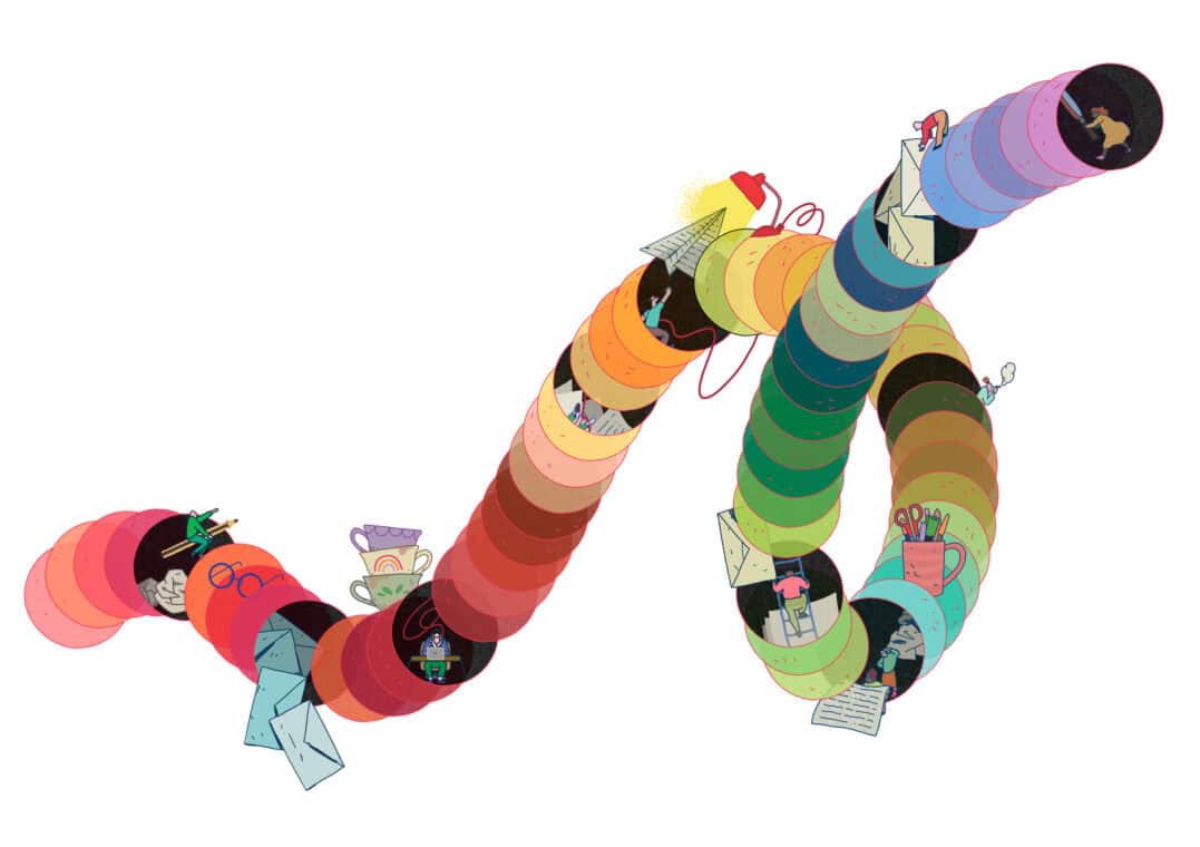 People working through a time tunnel.