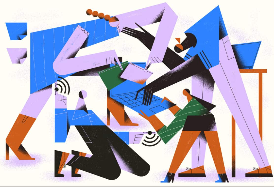 An illustration depicting a strong and united team solving tasks, exchanging ideas, and working together.