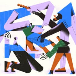 An illustration depicting a strong and united team solving tasks, exchanging ideas, and working together.