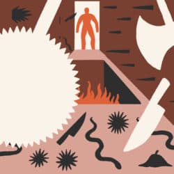 An illustration of an Indiana Jones-type character facing a path full of traps and obstacle, like the year ahead.