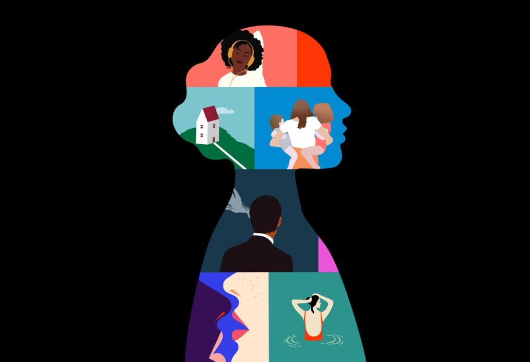 An illustrated silhouette of a woman with embedded images representing the complexity of woman's world.