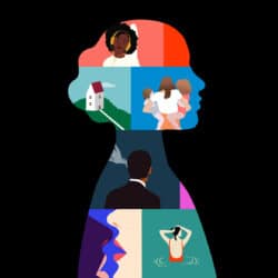 An illustrated silhouette of a woman with embedded images representing the complexity of woman's world.