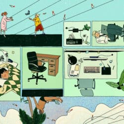 An illustration showing people in flexible work environments, some throwing computers to symbolize the accompanying threats, lack of regulation, and exploitation of this newfound freedom, especially in the age of AI.