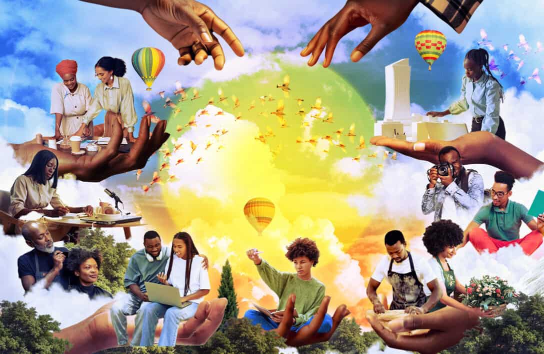 Collage of Black people working and creating around a sun.
