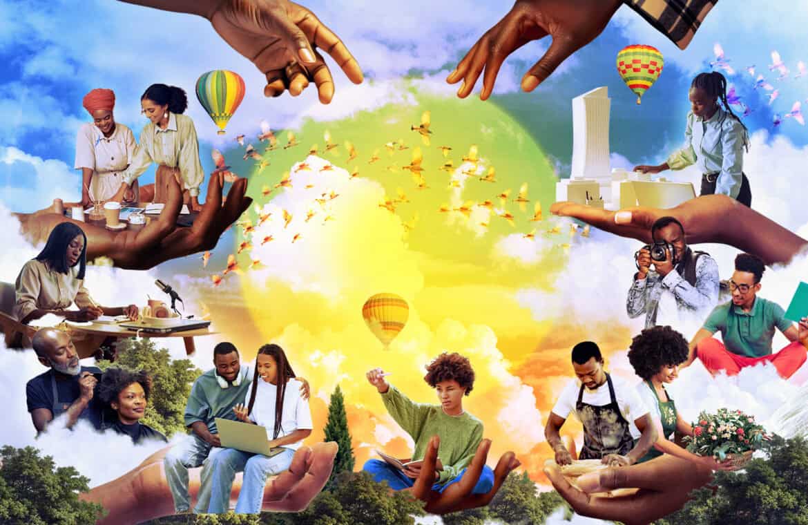 Collage of Black people working and creating around a sun.