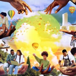 Collage of Black people working and creating around a sun.