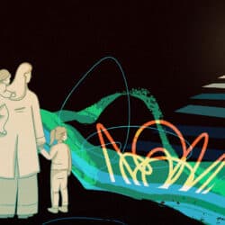 Illustration of a woman with two small children looking at an open door in the distance.