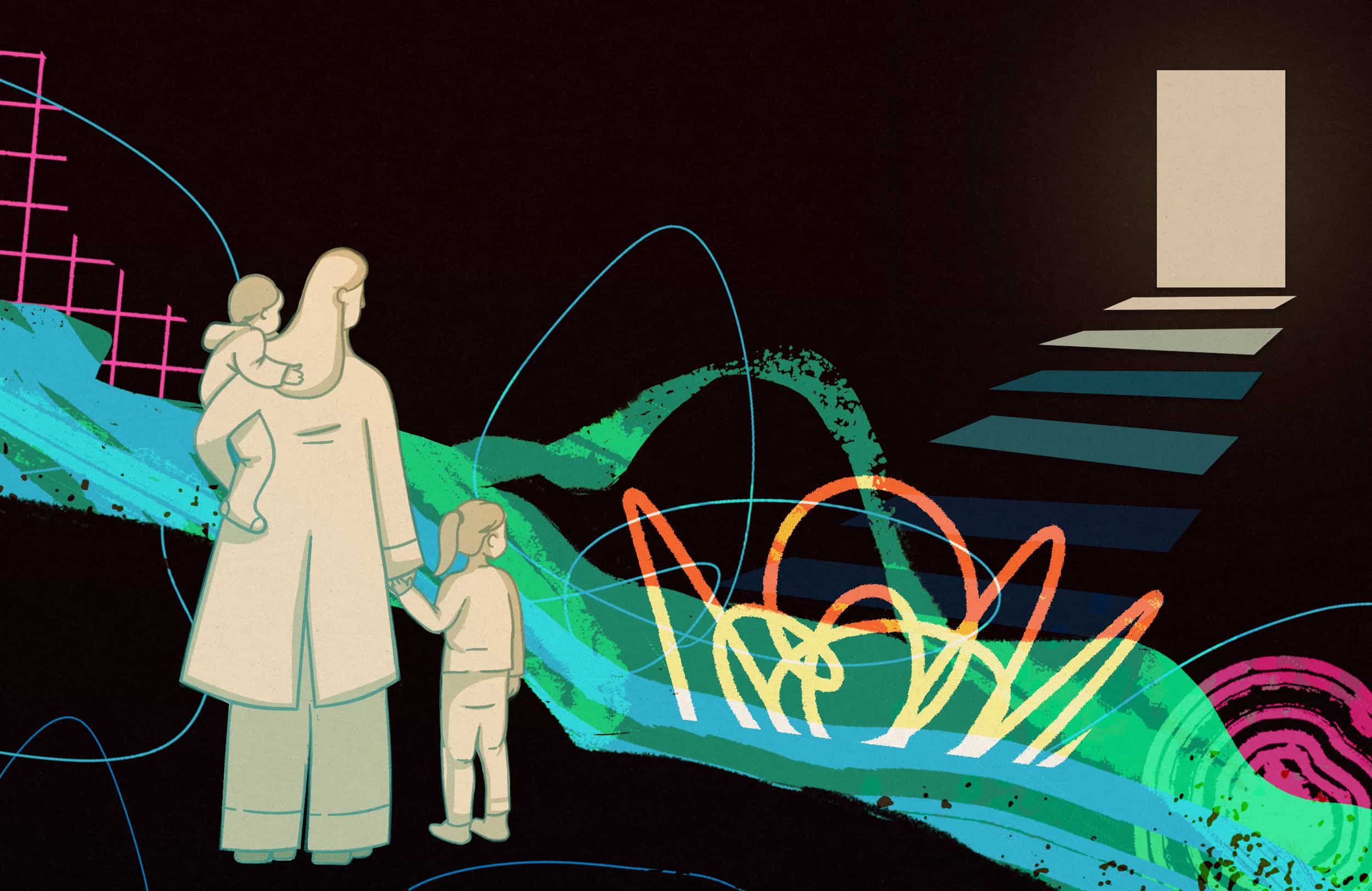 Illustration of a woman with two small children looking at an open door in the distance.