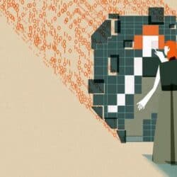 This illustration shows an individual interacting with a large, abstract digital mirrored structure composed of squares pieced together to reflect the individual’s figure. Behind the structure are streams of binary code (0s and 1s) flowing toward the digital grid.