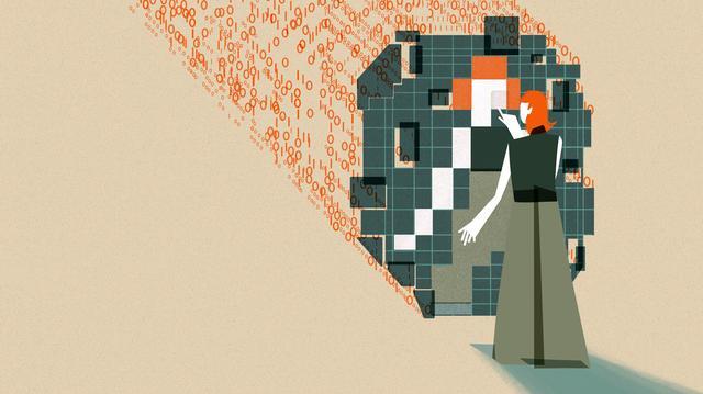 This illustration shows an individual interacting with a large, abstract digital mirrored structure composed of squares pieced together to reflect the individual’s figure. Behind the structure are streams of binary code (0s and 1s) flowing toward the digital grid.