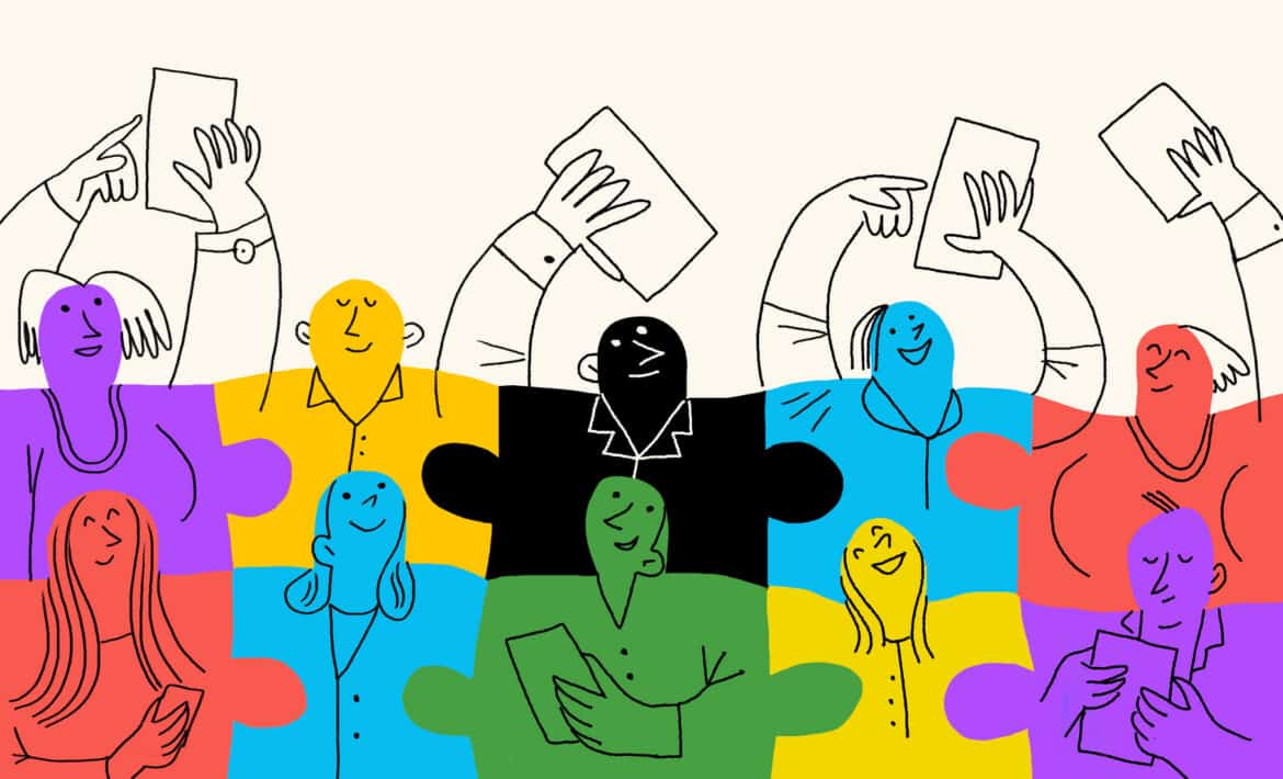 A conceptual illustration in the form of a colourful puzzle as a team of business employees.