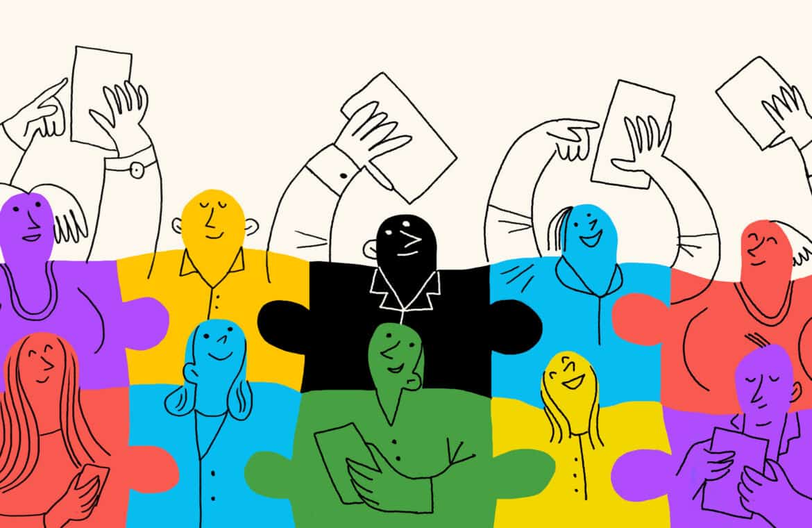 A conceptual illustration in the form of a colourful puzzle as a team of business employees.