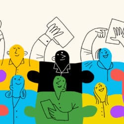 A conceptual illustration in the form of a colourful puzzle as a team of business employees.