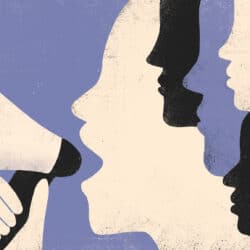 Illustration of woman shouting into a megaphone. Within the outline of her head are other women's heads, highlighting the importance of amplifying women's voices and gender equality.