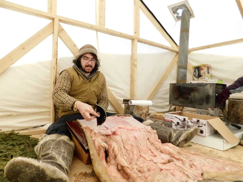 Nicholas Flowers in Inotsiavik’s tupik, cleaning a sealskin with an ulu.