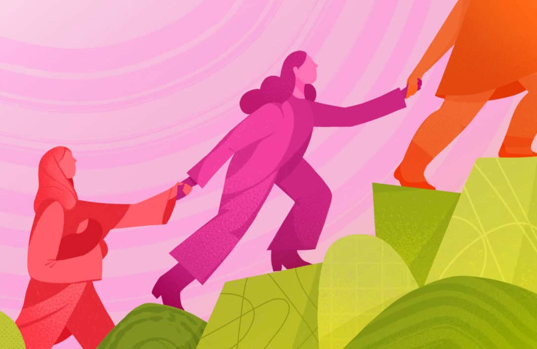 An illustration, in pinks, oranges, greens, of women pulling each other up a slope.