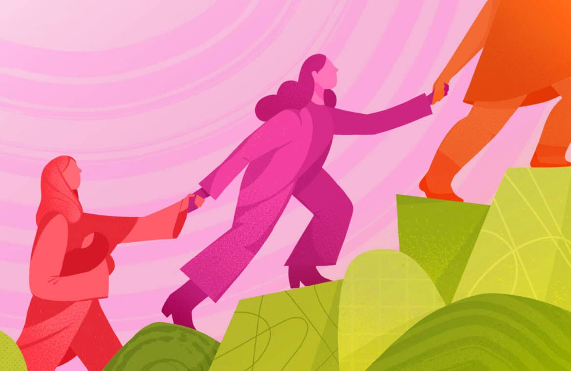 An illustration, in pinks, oranges, greens, of women pulling each other up a slope.