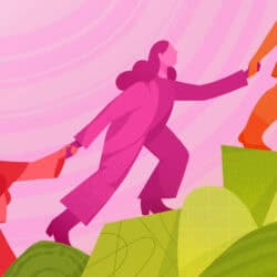 An illustration, in pinks, oranges, greens, of women pulling each other up a slope.