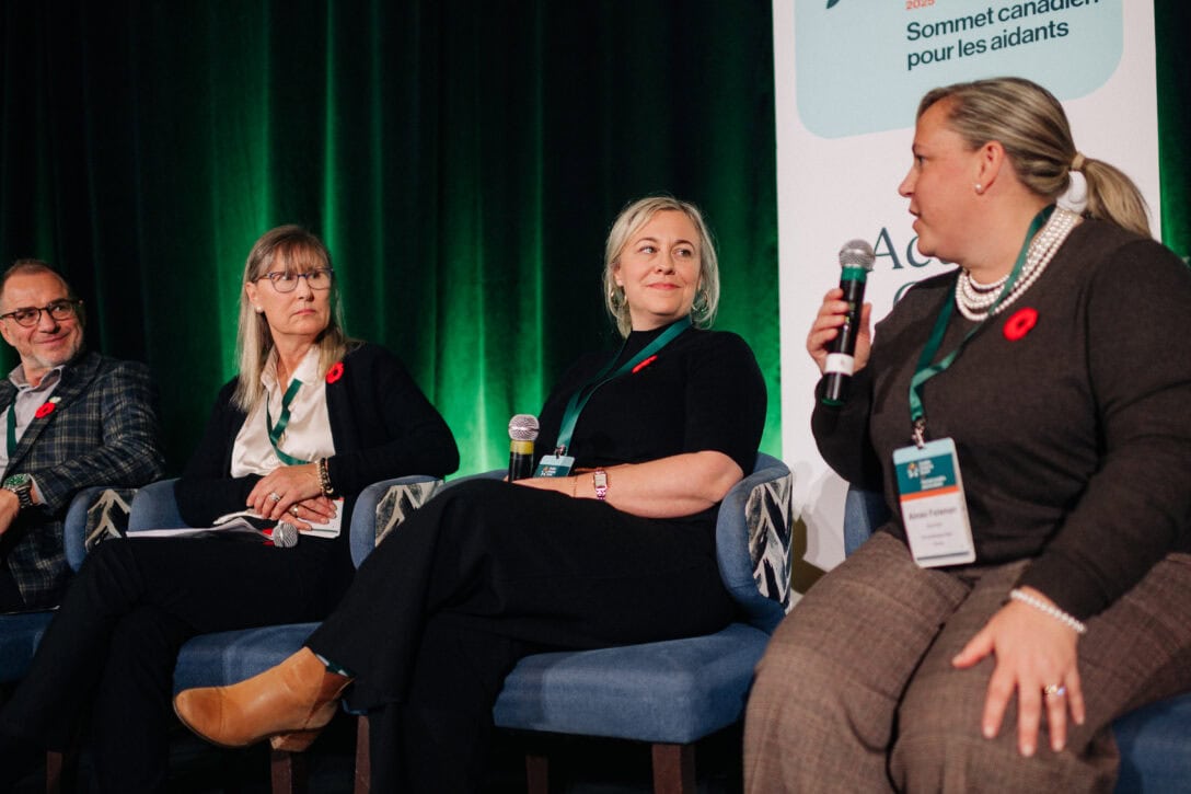 Photo of panellists at the caregiving summit: Darrel Gregory (Caregivers Alberta), Barb MacLean (Family Caregivers of British Columbia), Jenny Theriault (Caregivers Nova Scotia), Aimée Forman (Caregivers New Brunswick)