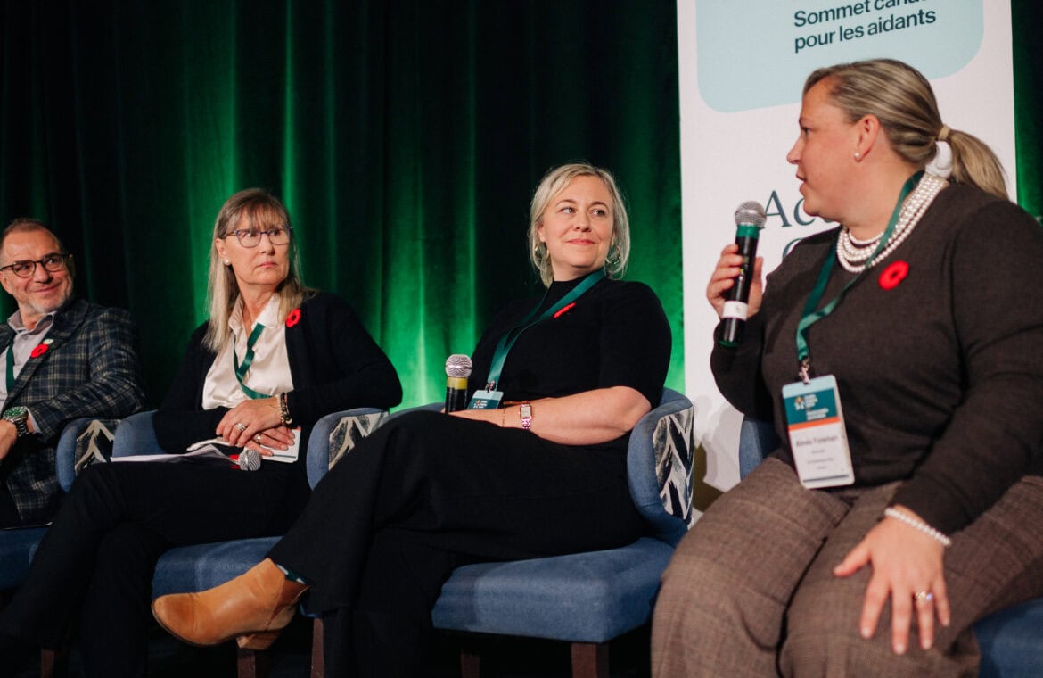 Photo of panellists at the caregiving summit: Darrel Gregory (Caregivers Alberta), Barb MacLean (Family Caregivers of British Columbia), Jenny Theriault (Caregivers Nova Scotia), Aimée Forman (Caregivers New Brunswick)