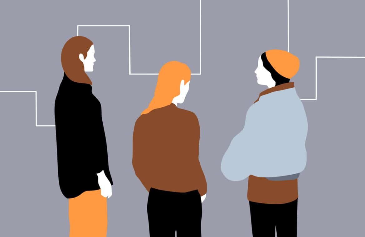 Illustration of three young women talking together with a stylized skyline in background.