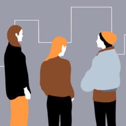 Illustration of three young women talking together with a stylized skyline in background.