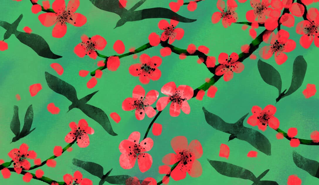 An illustration of blooming cherry blossoms with flying birds on a green background, symbolizing spring, renewal, and natural beauty.