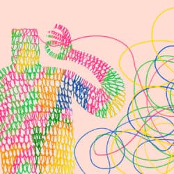 Illustration of a knitted person unravelling into a colourful ball of yarn.