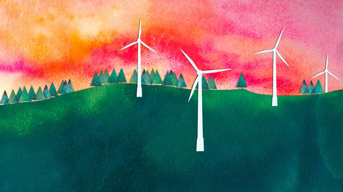 A watercolour collage of wind turbines on a hill at sunset.