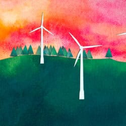 A watercolour collage of wind turbines on a hill at sunset.