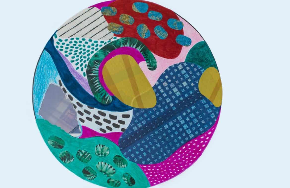 Minimal modern abstract art with circle collage form covered with simple coloured forms and spots.