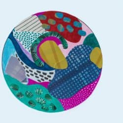 Minimal modern abstract art with circle collage form covered with simple coloured forms and spots.