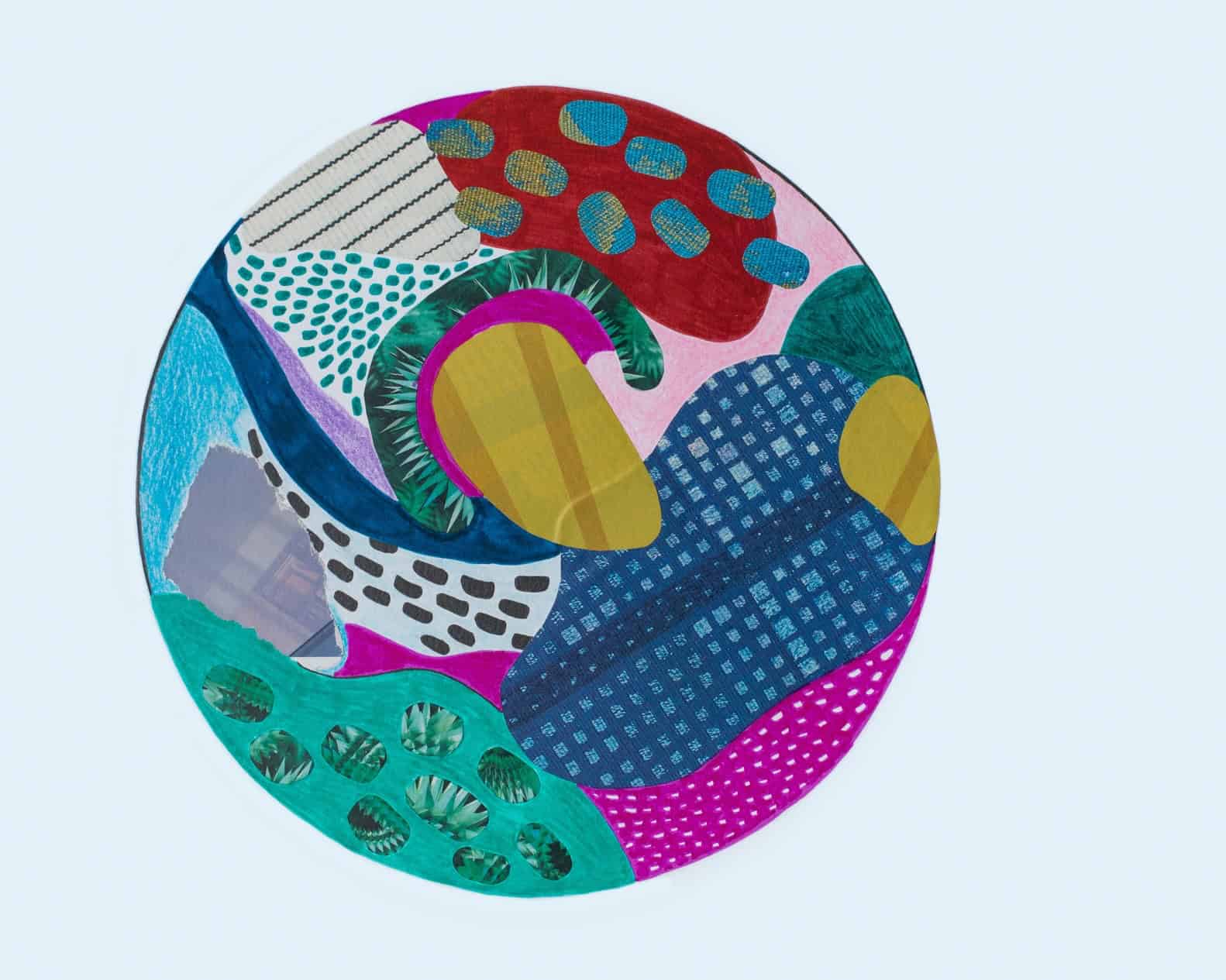 Minimal modern abstract art with circle collage form covered with simple coloured forms and spots.