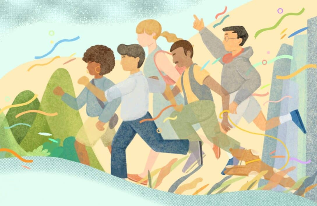 An illustration showing a group of people all running in the same direction.