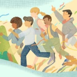 An illustration showing a group of people all running in the same direction.