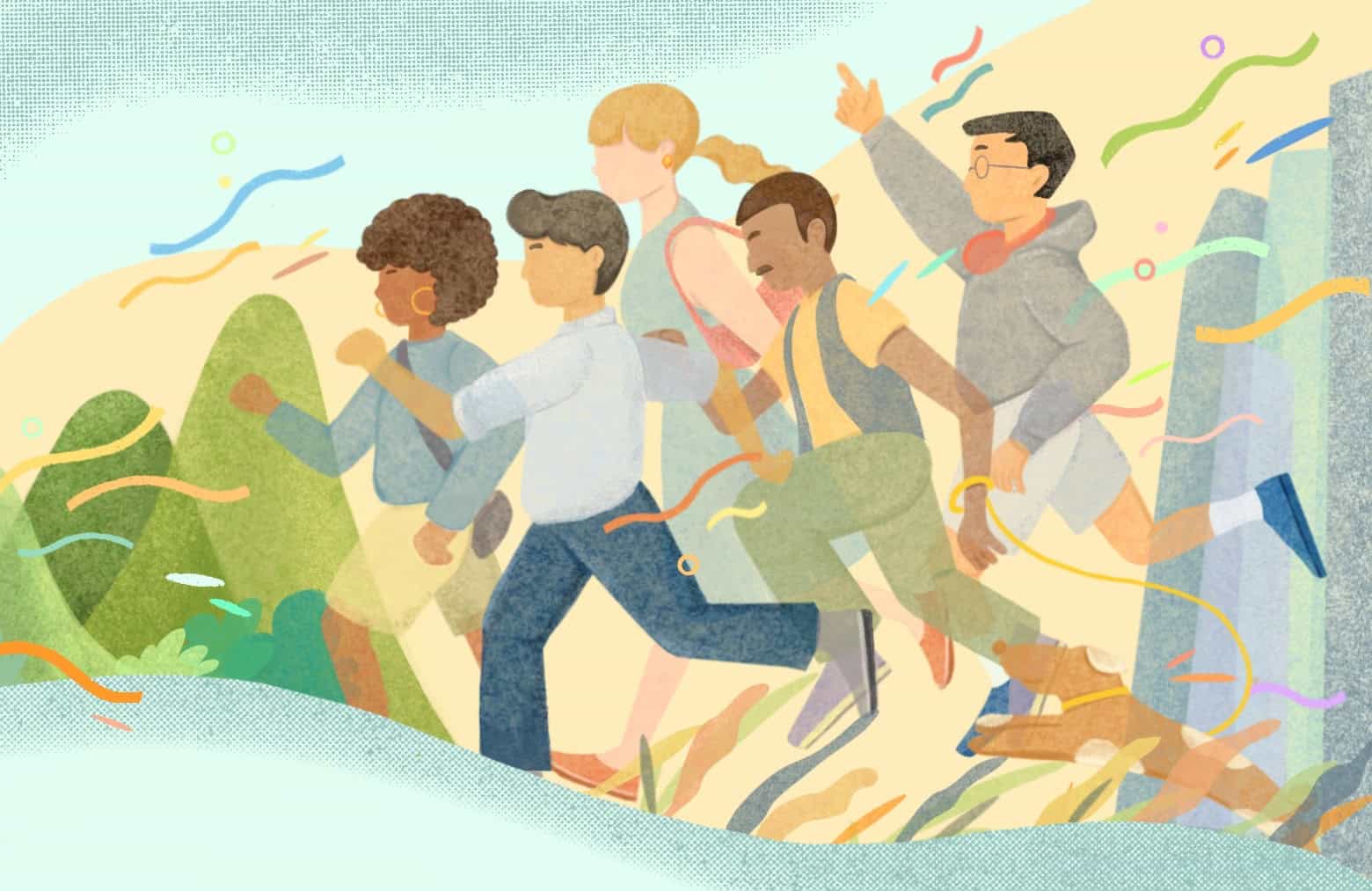An illustration showing a group of people all running in the same direction.