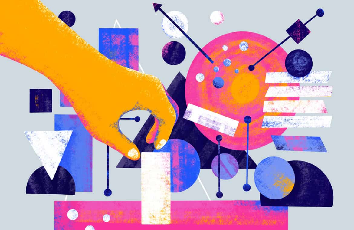 Illustration of a hand reaching out to adjust a small white block among various geometric shapes in blue, pink, and black.