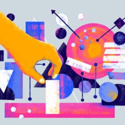 Illustration of a hand reaching out to adjust a small white block among various geometric shapes in blue, pink, and black.