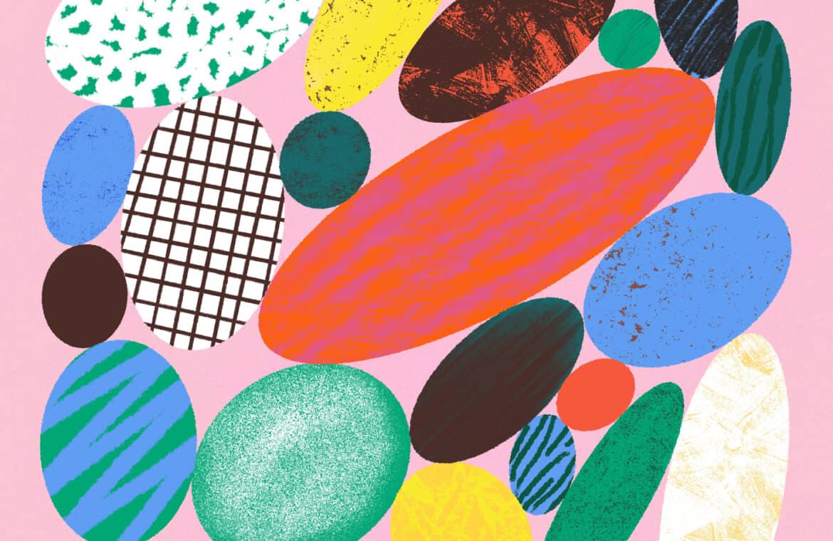 The illustration shows a collection of colourful round shapes that look like stones of different sizes, arranged in a balancing manner.