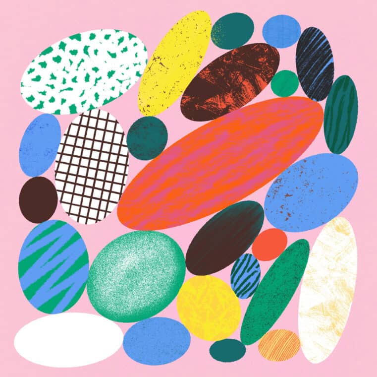 The illustration shows a collection of colourful round shapes that look like stones of different sizes, arranged in a balancing manner.