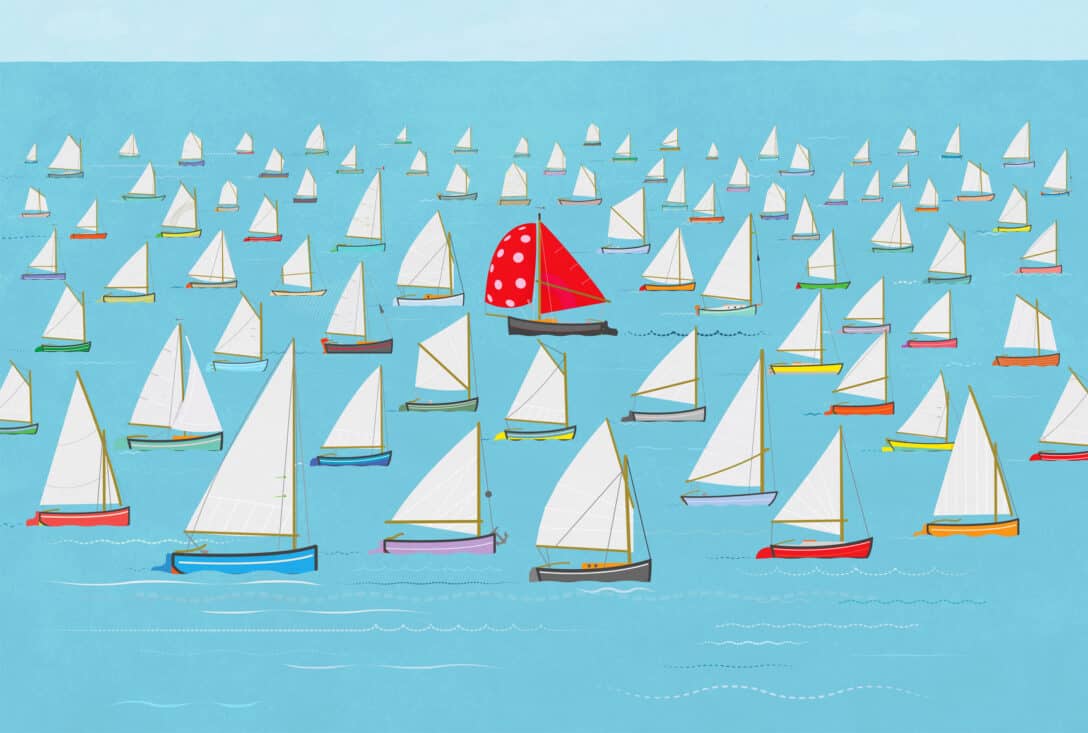 An illustration called "Dare to Be Different" shows a boat with a red sail going in the opposite direction to a fleet of small sailboats with white sails.