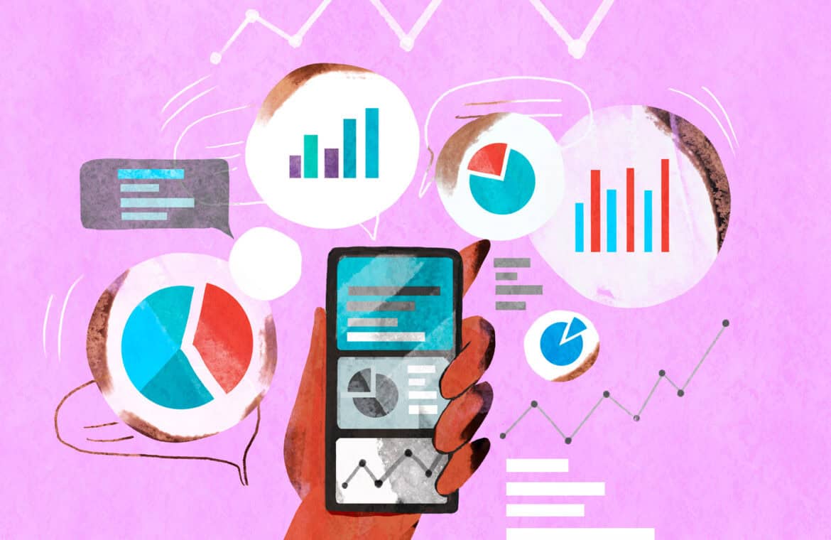 An illustration depicting the concept of financial investment shows a hand holding a phone with charts and indicators of currency and stock growth.