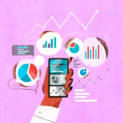 An illustration depicting the concept of financial investment shows a hand holding a phone with charts and indicators of currency and stock growth.